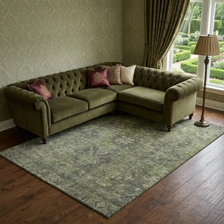 Green And Gray Medallion Distressed Washable Area Rug With UV Protection Photo 1