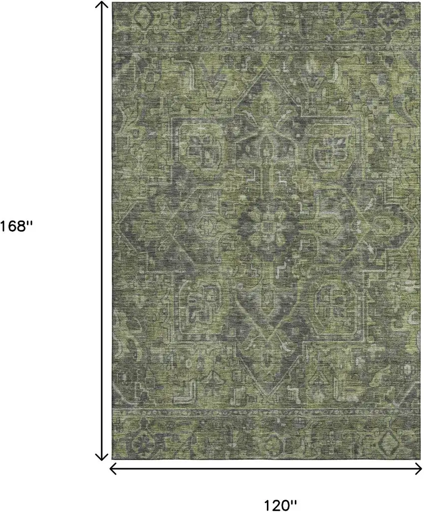 Green And Gray Oriental Washable Area Rug With UV Protection Photo 3