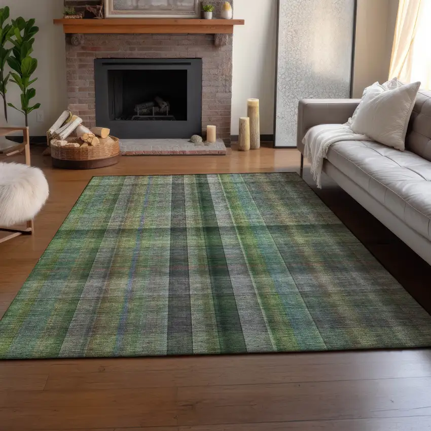 Green And Gray Plaid Washable Area Rug With UV Protection Photo 6