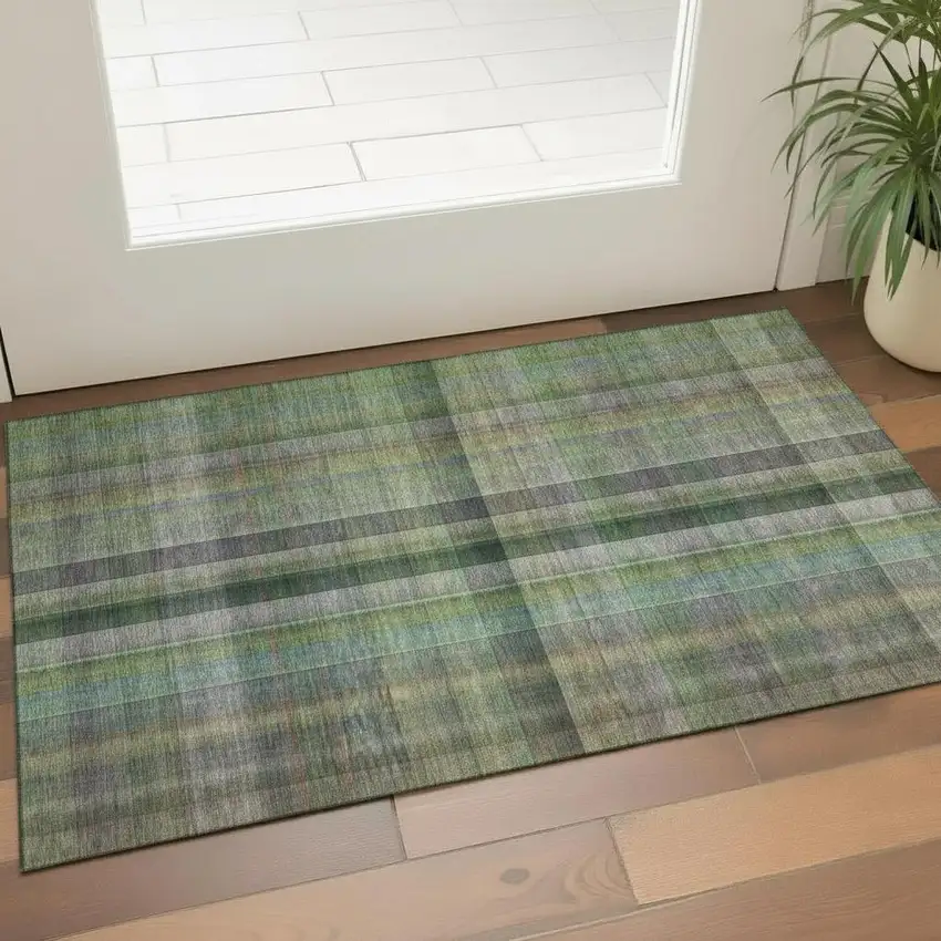 Green And Gray Plaid Washable Area Rug With UV Protection Photo 1