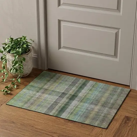 Green And Gray Plaid Washable Area Rug With UV Protection Photo 1