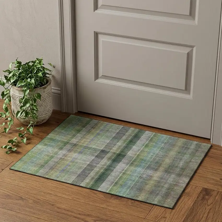 Green And Gray Plaid Washable Area Rug With UV Protection Photo 1