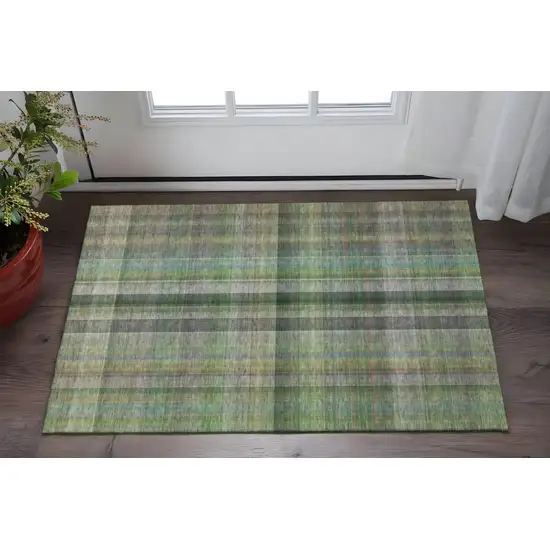 Green And Gray Plaid Washable Area Rug With UV Protection Photo 2