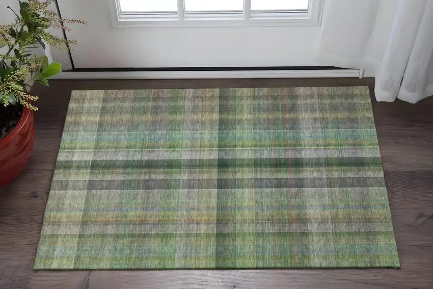 Green And Gray Plaid Washable Area Rug With UV Protection Photo 2