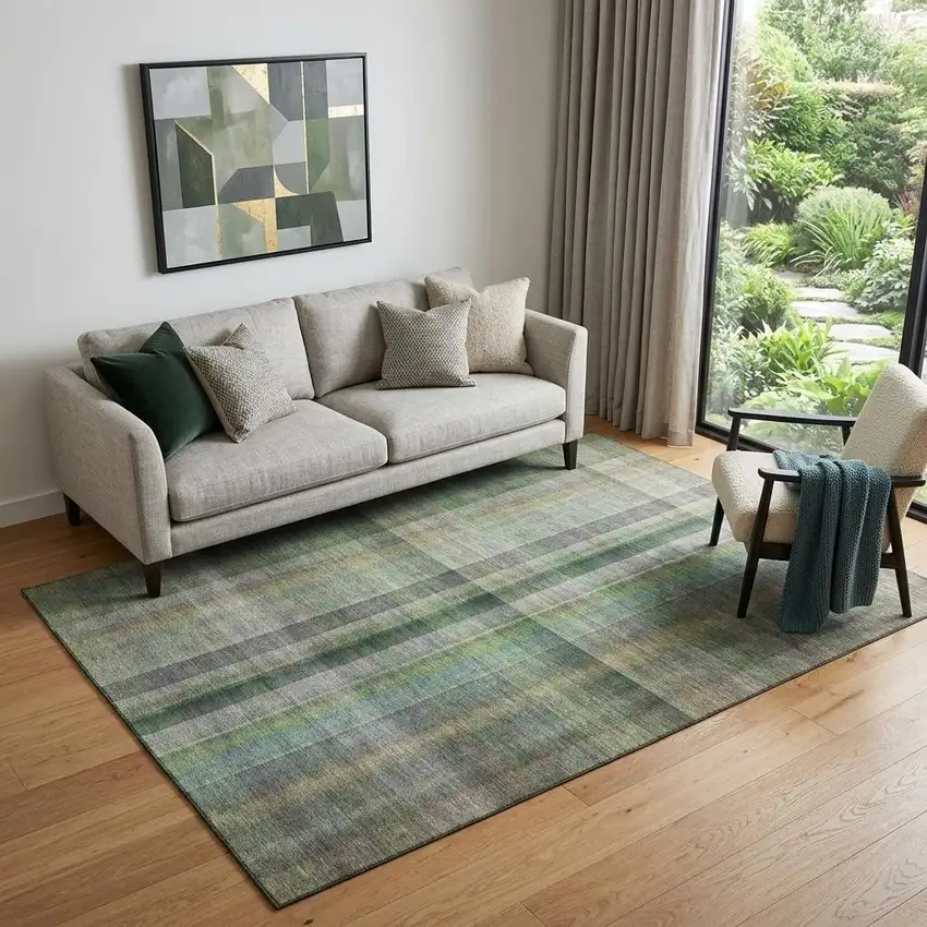 Green And Gray Plaid Washable Area Rug With UV Protection Photo 1