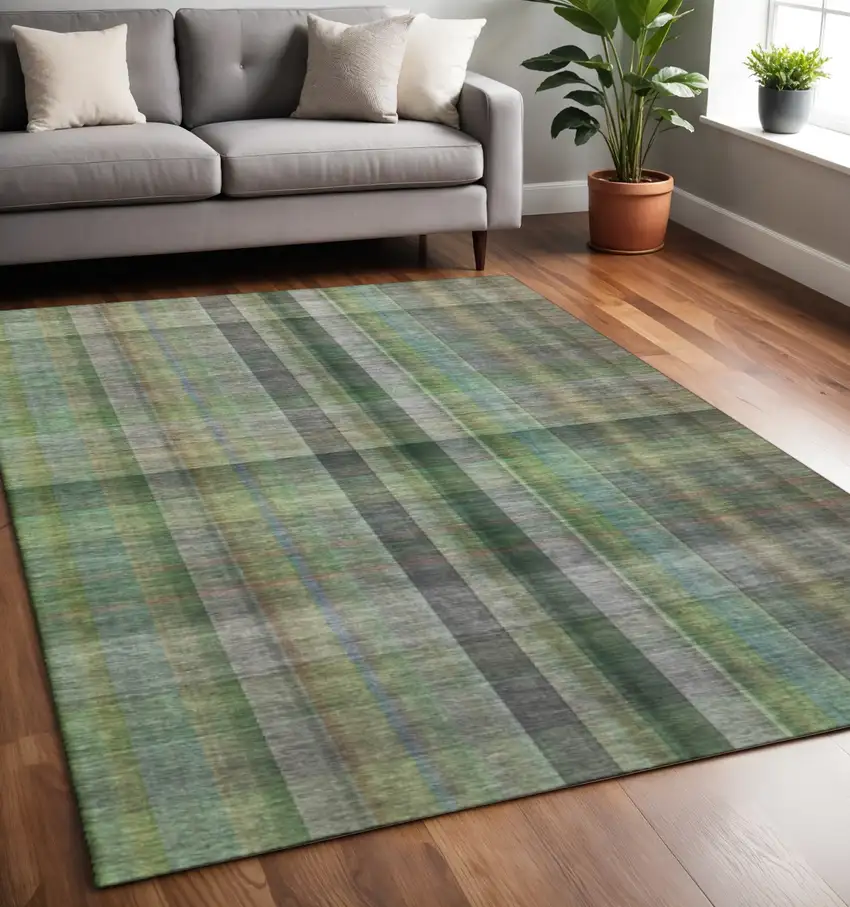 Green And Gray Plaid Washable Area Rug With UV Protection Photo 2
