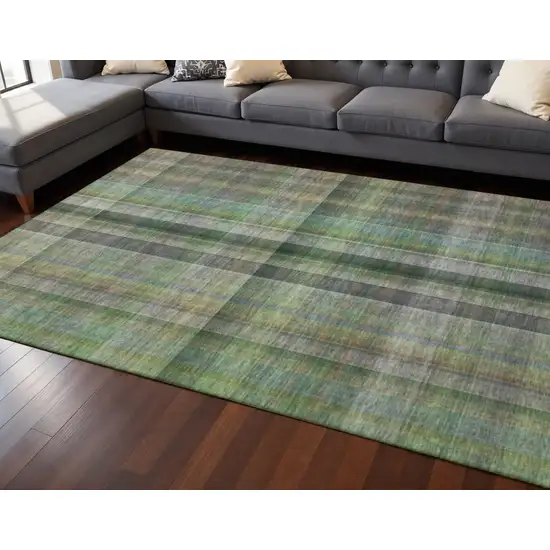Green And Gray Plaid Washable Area Rug With UV Protection Photo 2