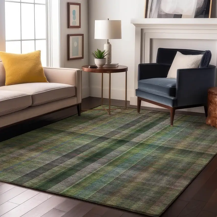 Green And Gray Plaid Washable Area Rug With UV Protection Photo 5