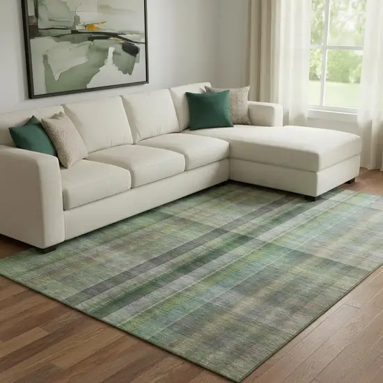 Green And Gray Plaid Washable Area Rug With UV Protection Photo 1