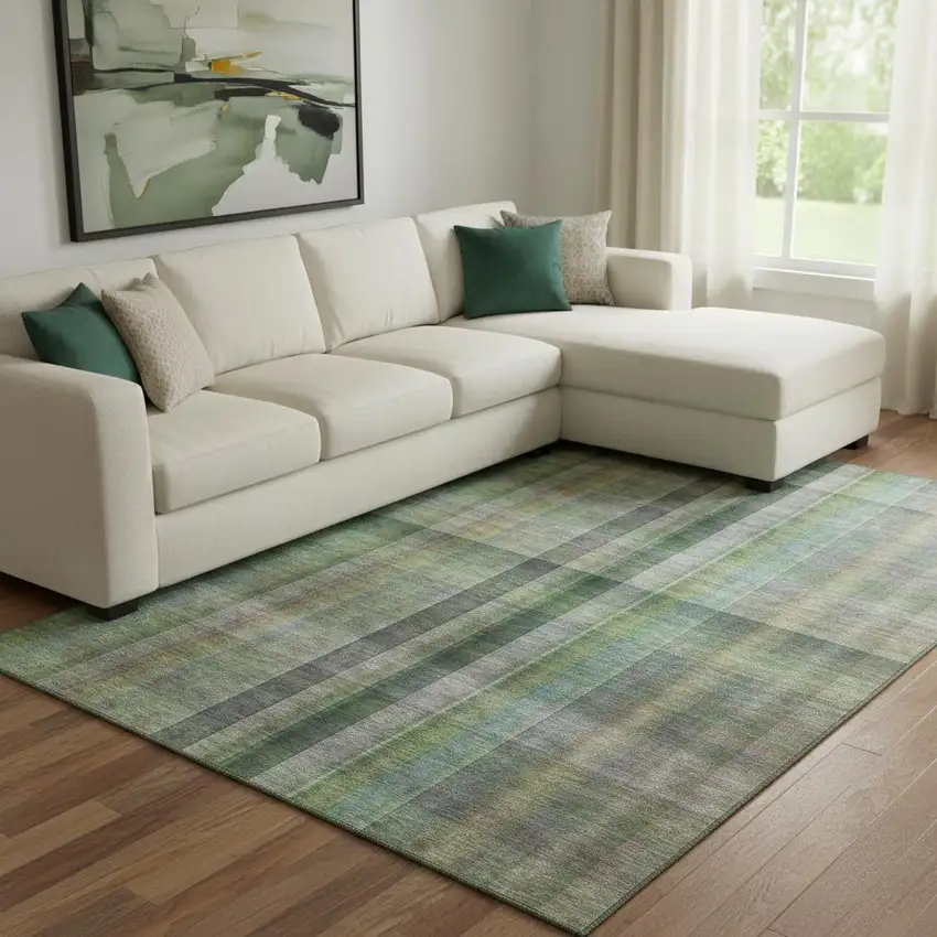 Green And Gray Plaid Washable Area Rug With UV Protection Photo 1