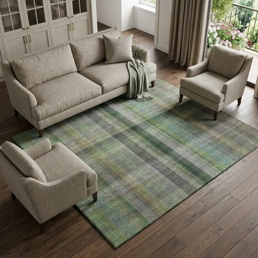 Green And Gray Plaid Washable Area Rug With UV Protection Photo 1