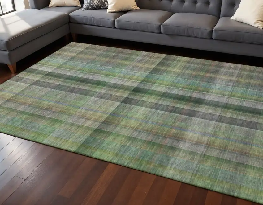 Green And Gray Plaid Washable Area Rug With UV Protection Photo 2