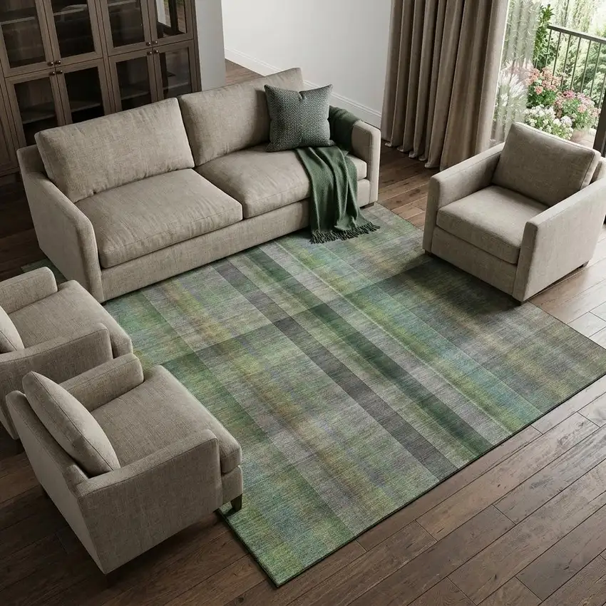 Green And Gray Plaid Washable Area Rug With UV Protection Photo 1
