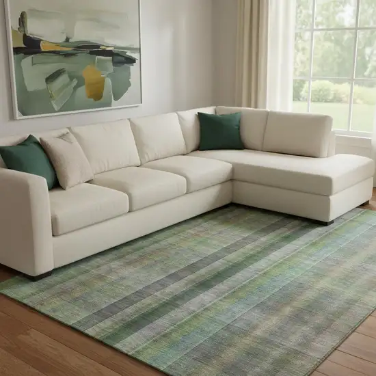 Green And Gray Plaid Washable Area Rug With UV Protection Photo 1