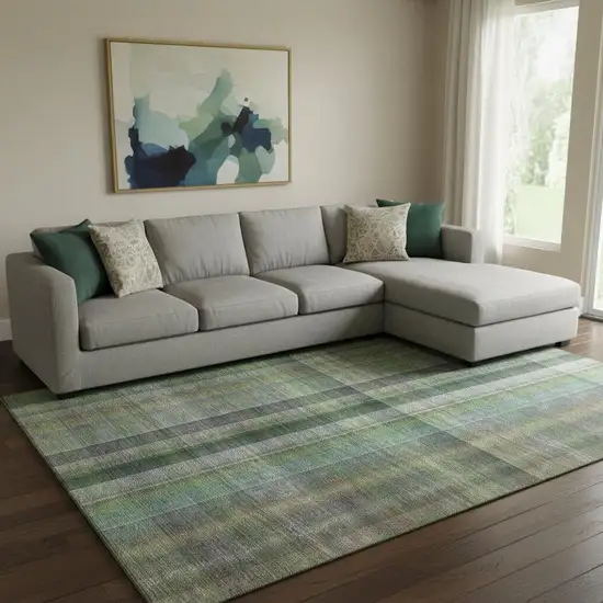 Green And Gray Plaid Washable Area Rug With UV Protection Photo 1