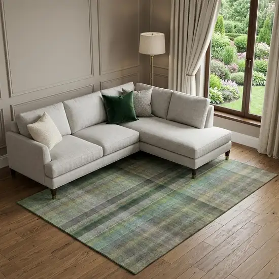 Green And Gray Plaid Washable Area Rug With UV Protection Photo 1