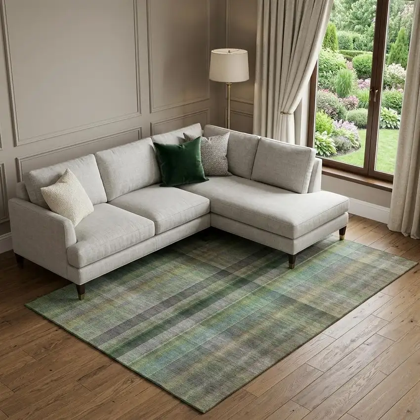 Green And Gray Plaid Washable Area Rug With UV Protection Photo 1