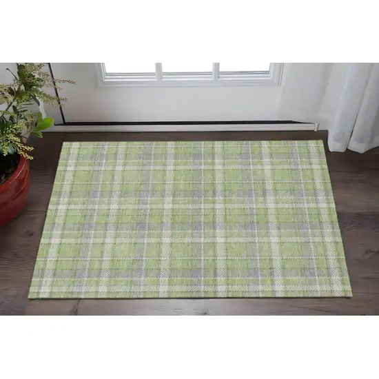Green And Gray Plaid Washable Area Rug With UV Protection Photo 2
