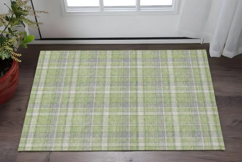 Green And Gray Plaid Washable Area Rug With UV Protection Photo 2