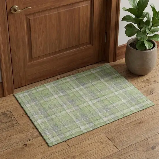 Green And Gray Plaid Washable Area Rug With UV Protection Photo 1