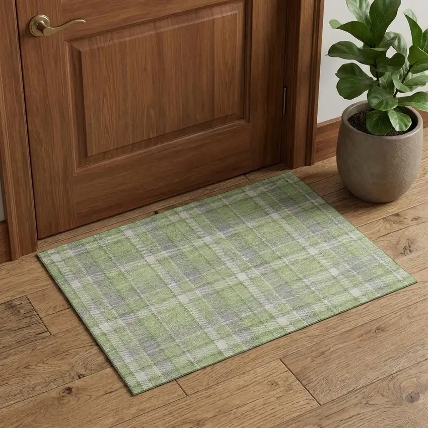 Green And Gray Plaid Washable Area Rug With UV Protection Photo 1
