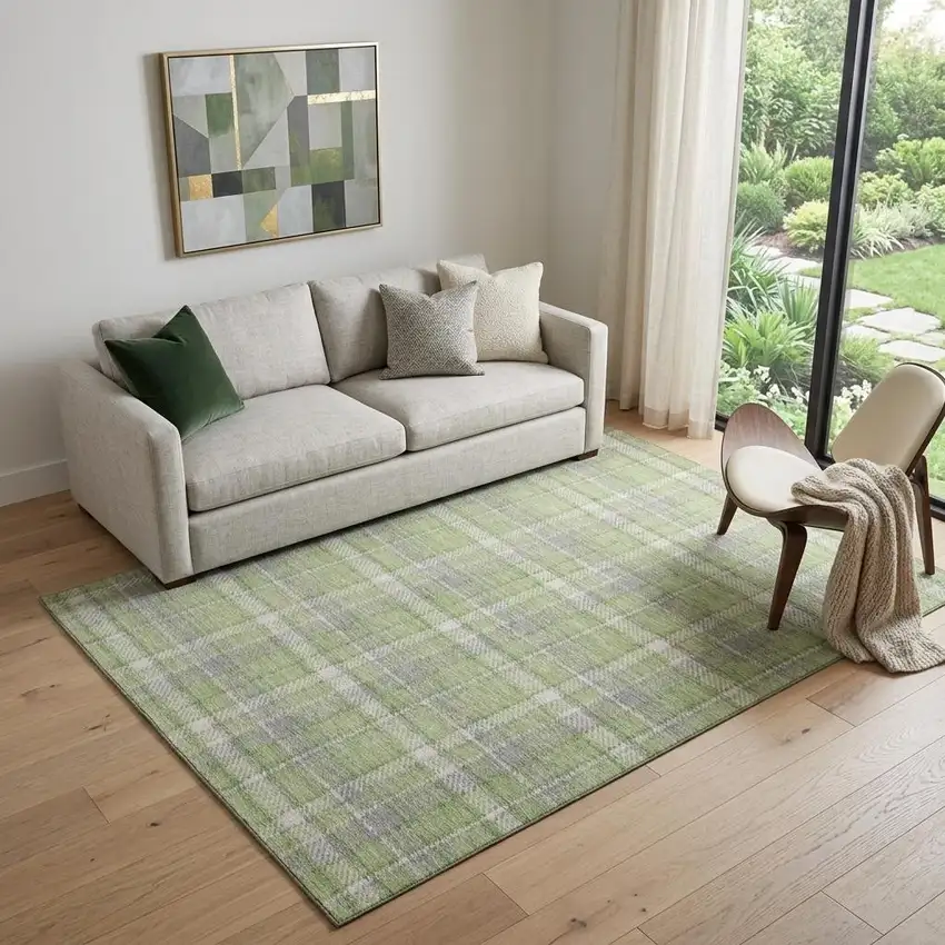 Green And Gray Plaid Washable Area Rug With UV Protection Photo 1