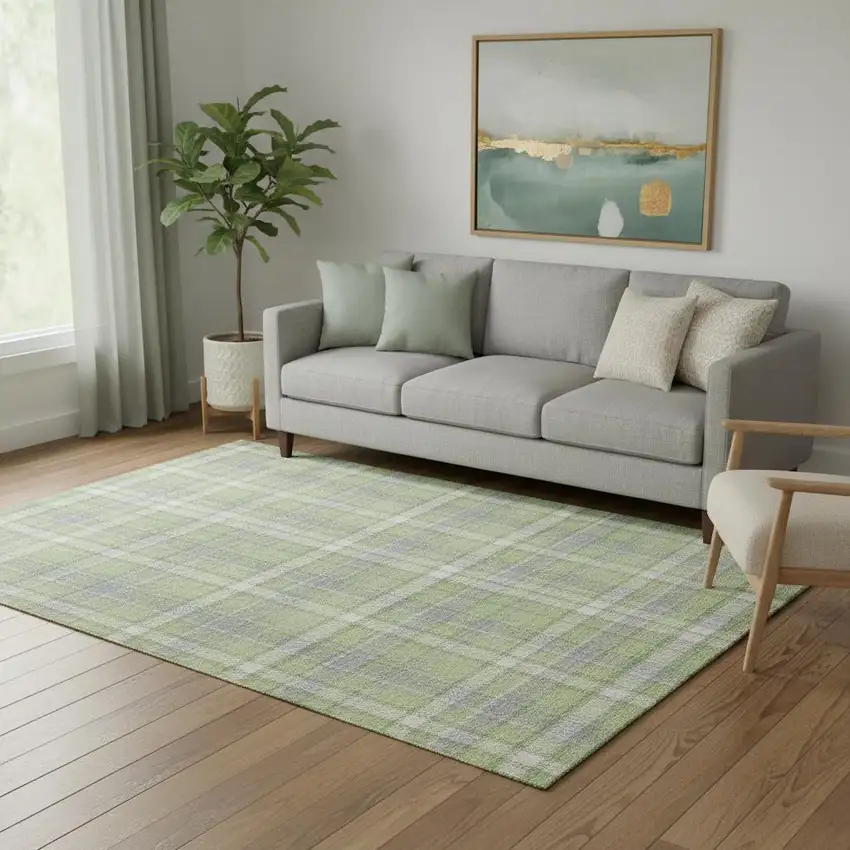 Green And Gray Plaid Washable Area Rug With UV Protection Photo 1