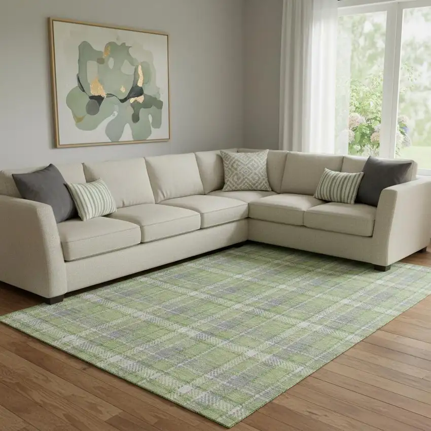 Green And Gray Plaid Washable Area Rug With UV Protection Photo 1
