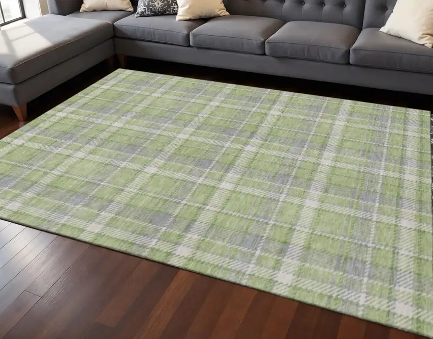 Green And Gray Plaid Washable Area Rug With UV Protection Photo 2