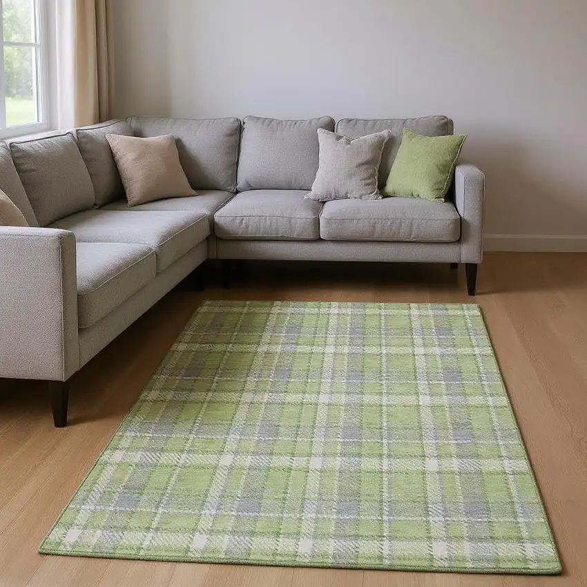 Green And Gray Plaid Washable Area Rug With UV Protection Photo 2
