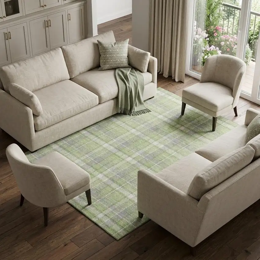 Green And Gray Plaid Washable Area Rug With UV Protection Photo 1