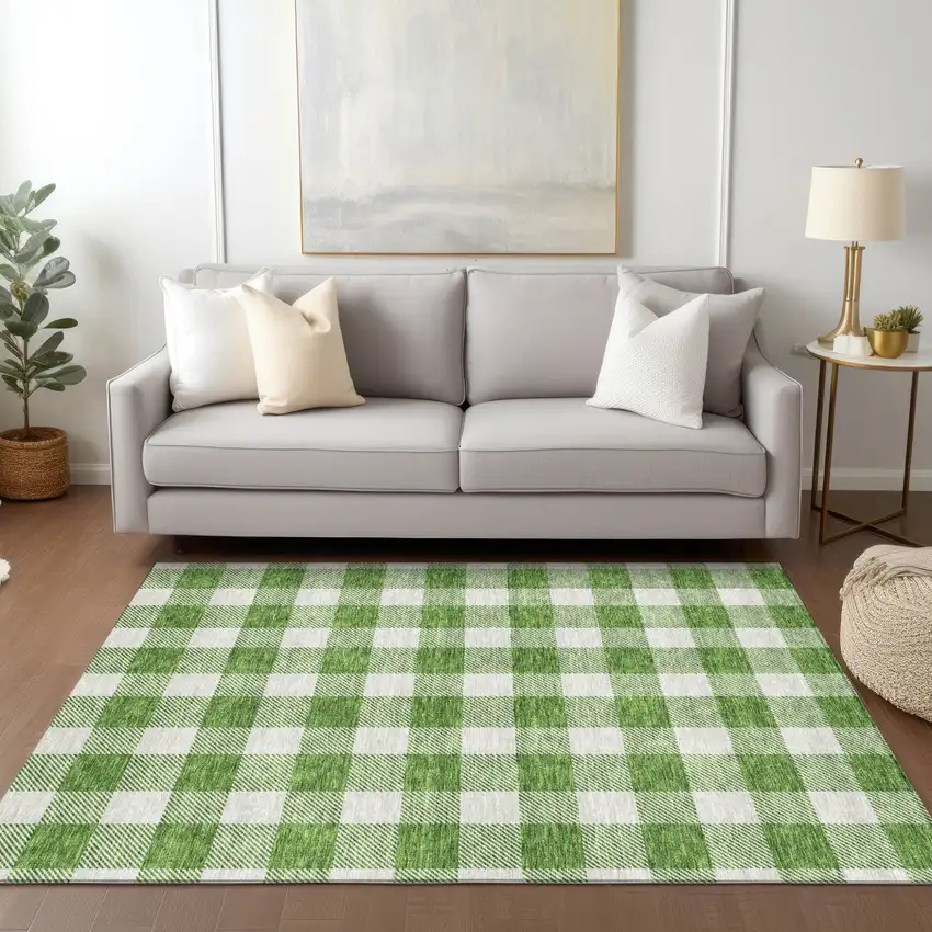 Green And Gray Plaid Washable Indoor Outdoor Area Rug Photo 9