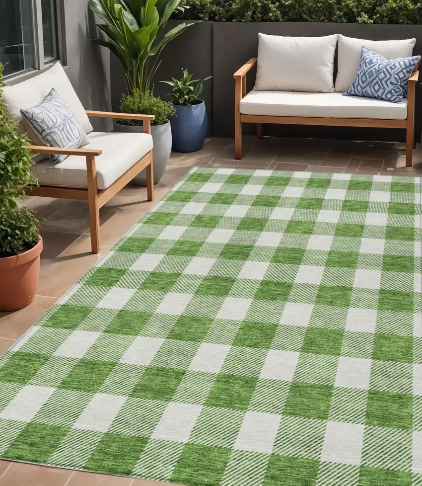 Green And Gray Plaid Washable Indoor Outdoor Area Rug Photo 1