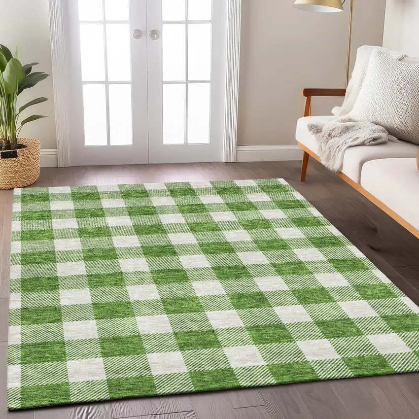 Green And Gray Plaid Washable Indoor Outdoor Area Rug Photo 9