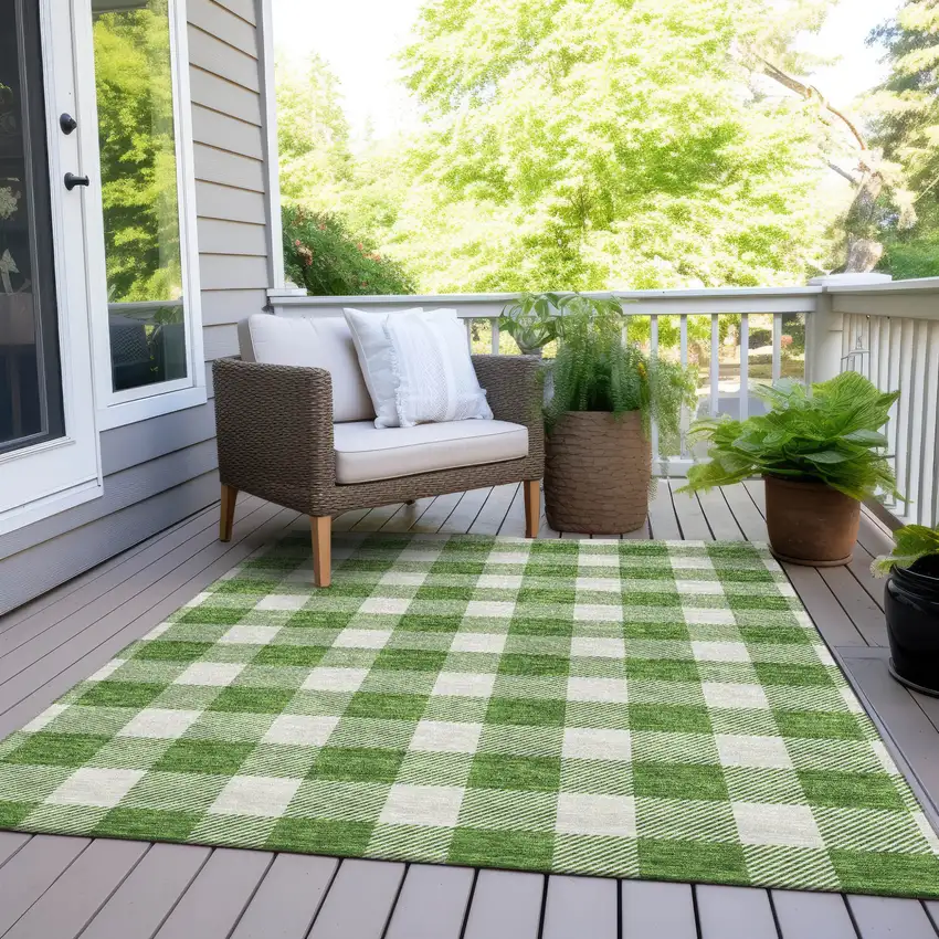 Green And Gray Plaid Washable Indoor Outdoor Area Rug Photo 8