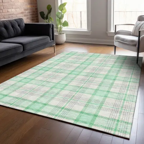 Green And Gray Plaid Washable Indoor Outdoor Area Rug Photo 7