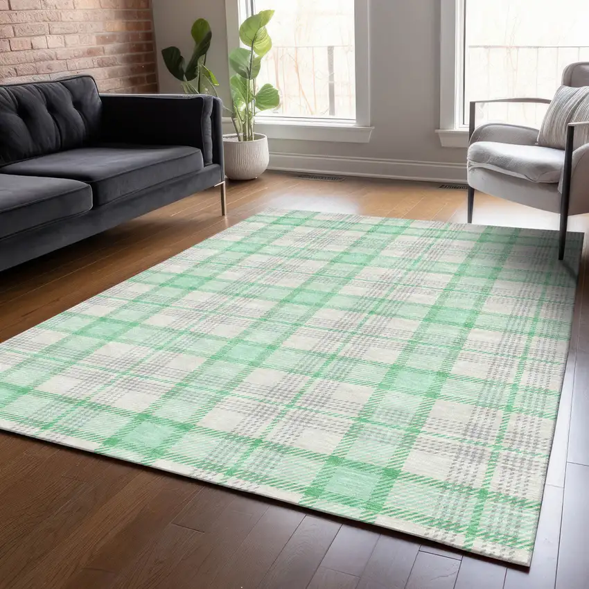 Green And Gray Plaid Washable Indoor Outdoor Area Rug Photo 7