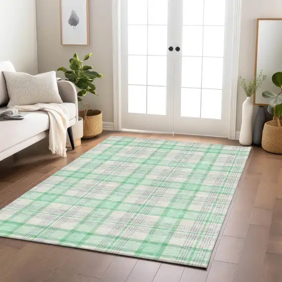 Green And Gray Plaid Washable Indoor Outdoor Area Rug Photo 8