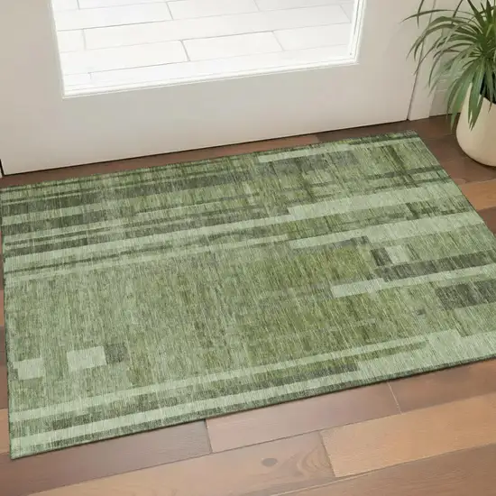 Green And Gray Striped Washable Area Rug With UV Protection Photo 1