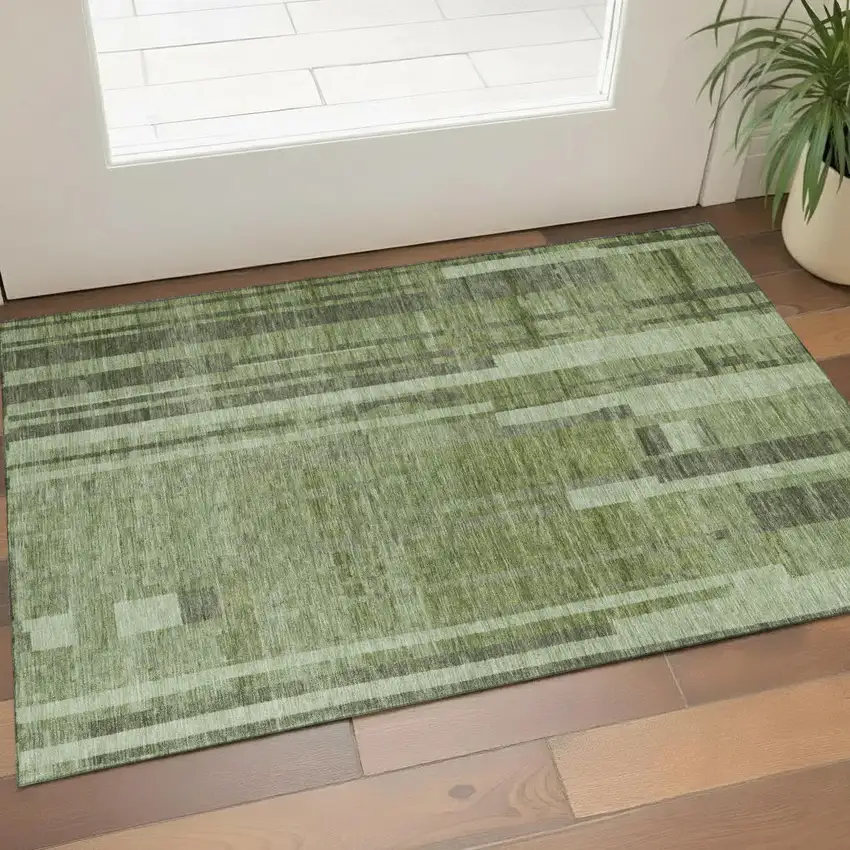 Green And Gray Striped Washable Area Rug With UV Protection Photo 1
