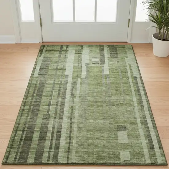 Green And Gray Striped Washable Area Rug With UV Protection Photo 2