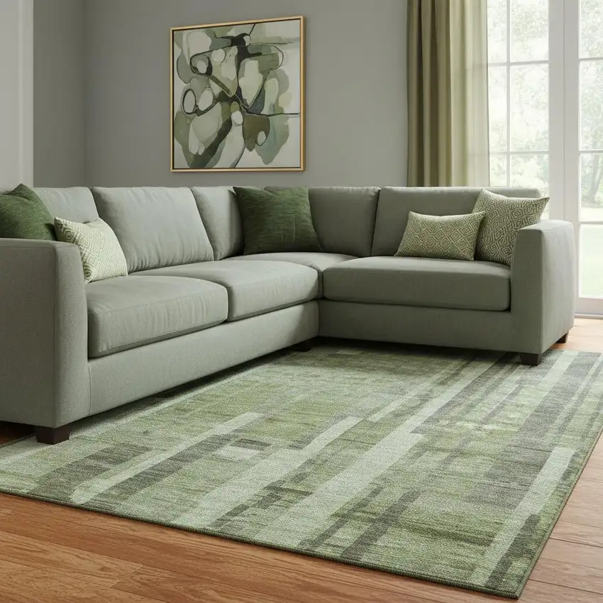 Green And Gray Striped Washable Area Rug With UV Protection Photo 2