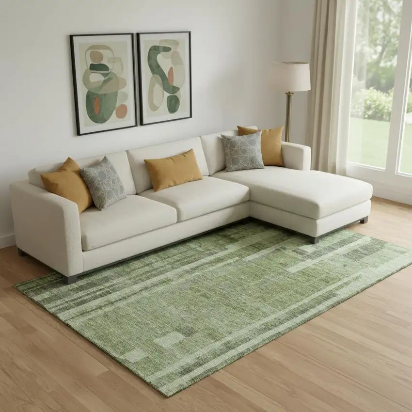 Green And Gray Striped Washable Area Rug With UV Protection Photo 2