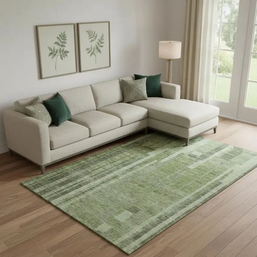 Green And Gray Striped Washable Area Rug With UV Protection Photo 2