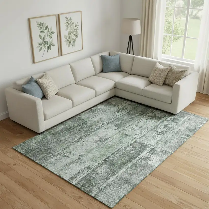 Green And Gray Striped Washable Area Rug With UV Protection Photo 2