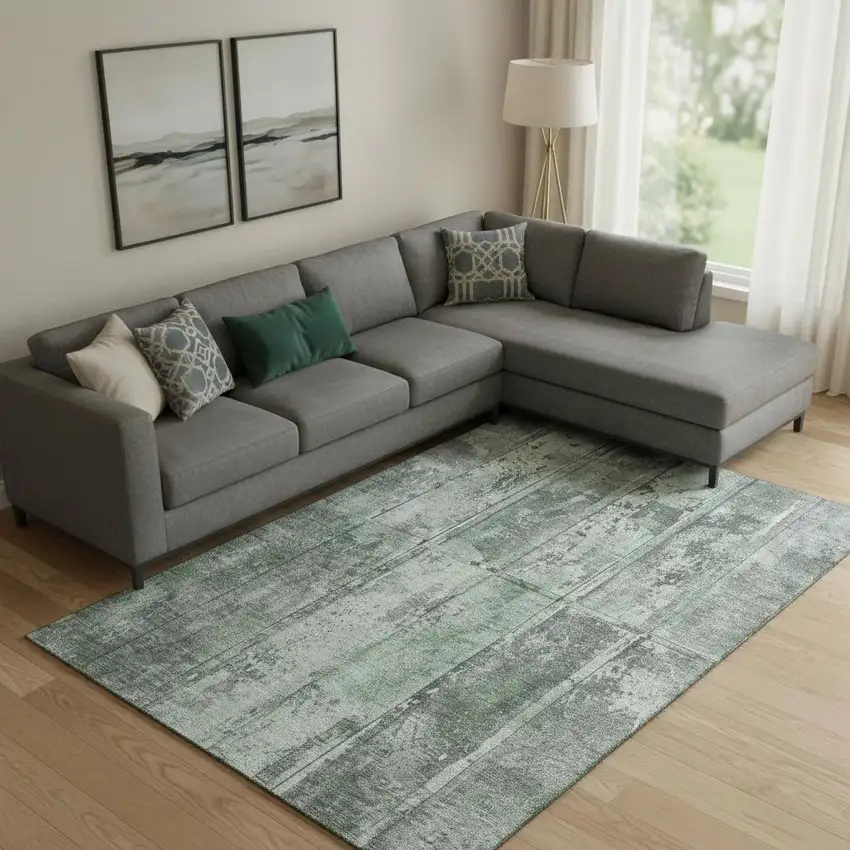 Green And Gray Striped Washable Area Rug With UV Protection Photo 1