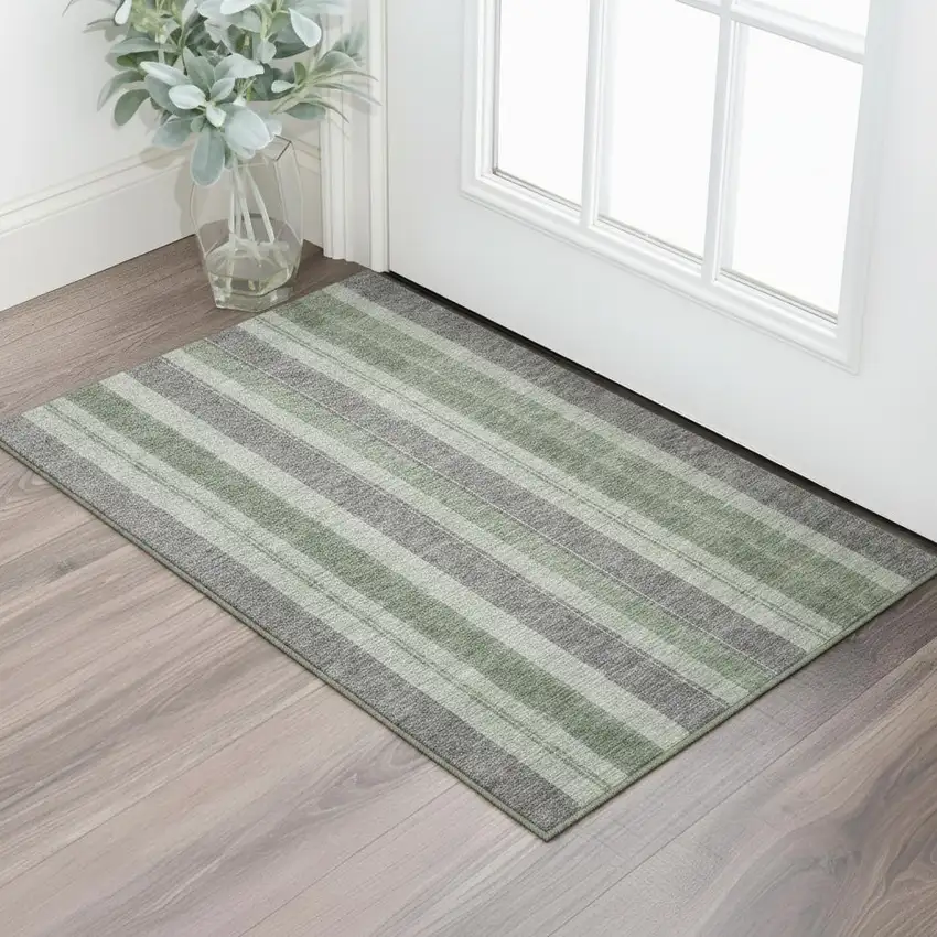 Green And Gray Striped Washable Area Rug With UV Protection Photo 2