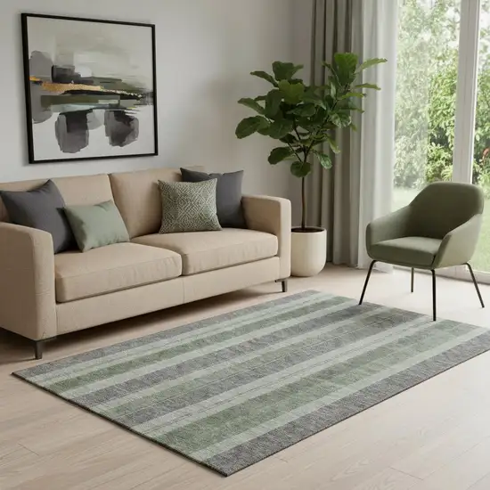 Green And Gray Striped Washable Area Rug With UV Protection Photo 2