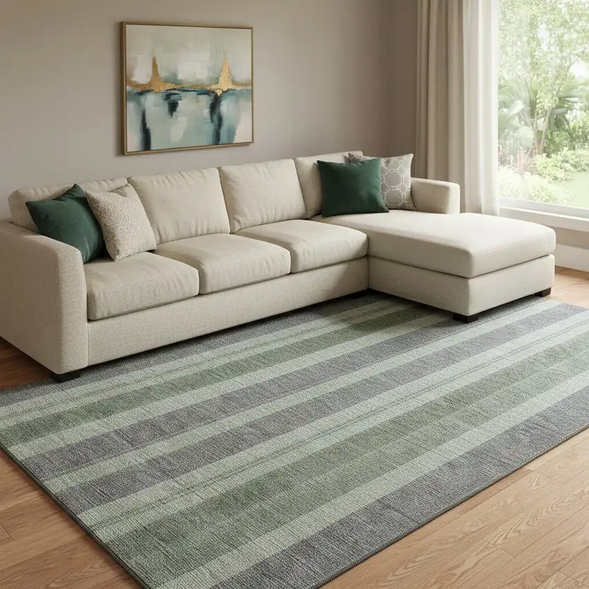 Green And Gray Striped Washable Area Rug With UV Protection Photo 2