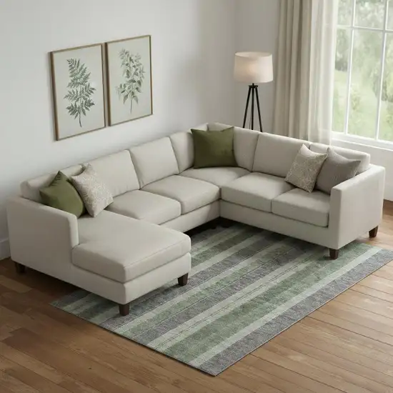 Green And Gray Striped Washable Area Rug With UV Protection Photo 2